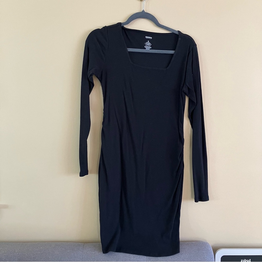 Sonoma Black Long Sleeve Maternity Dress Side Ruching Square Neck Ribbed